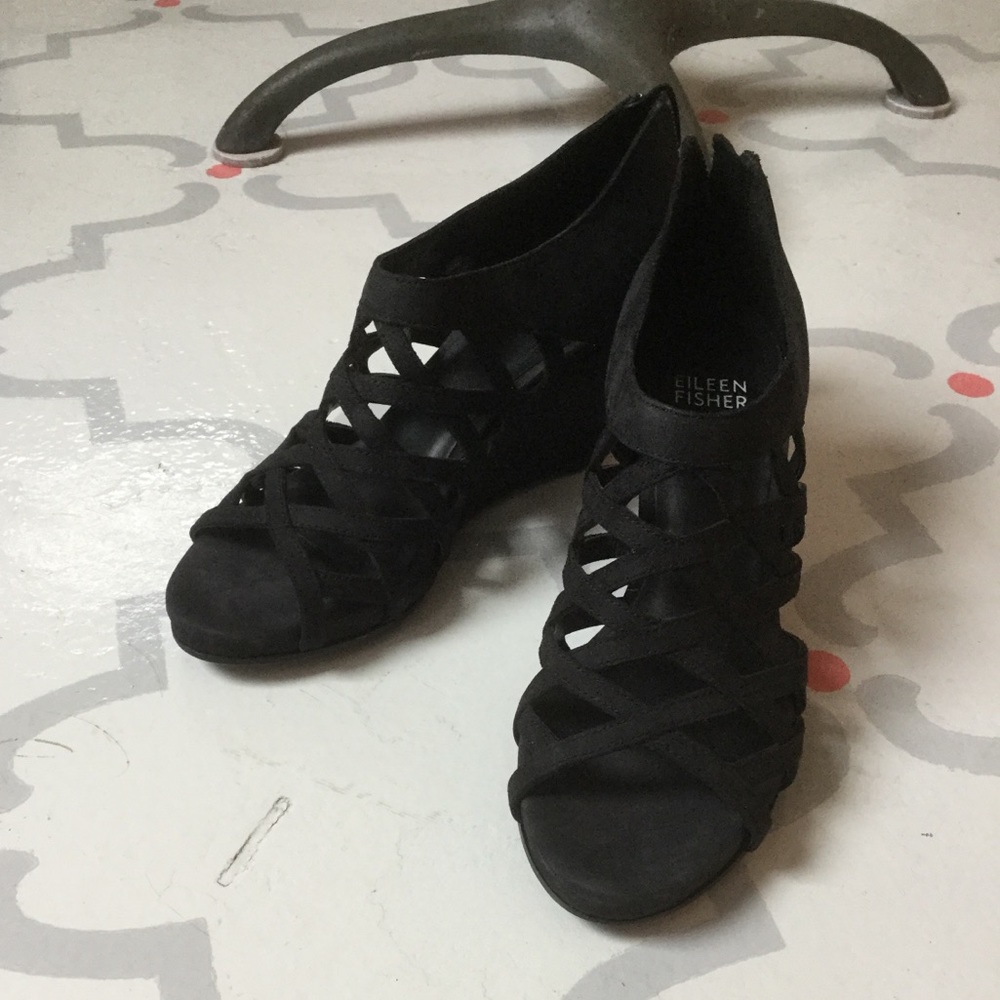 Eileen Fisher | size 6 | Black Leather Cage Wedge